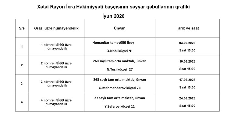 Rayon İcra Hakimiyyəti başçısının 2026-cı il iyun ayı üçün səyyar qəbullarının qrafiki